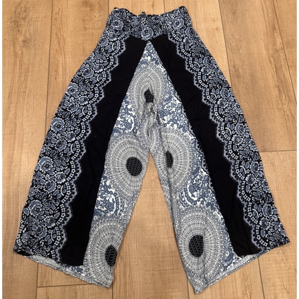 Boho Mandala Wide Leg Blue Palazzo Pants Smocked Waist Flowy Festival Resort 28"